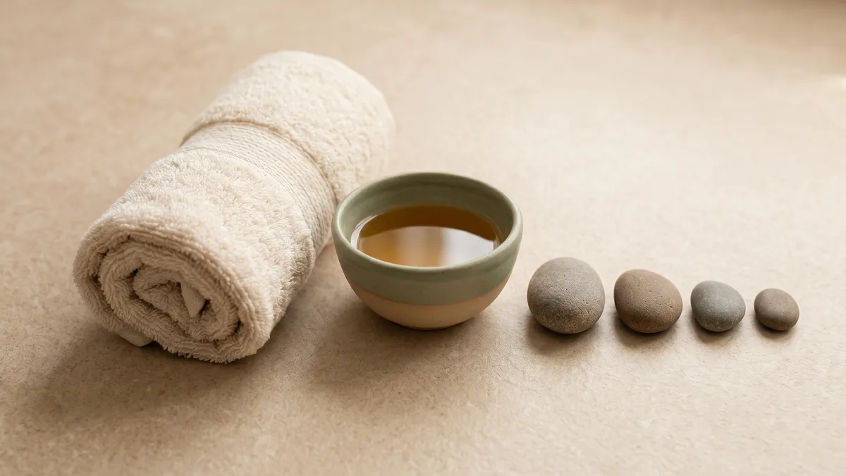 Calm wellness still life with natural elements: linen, ceramics and botanical details.