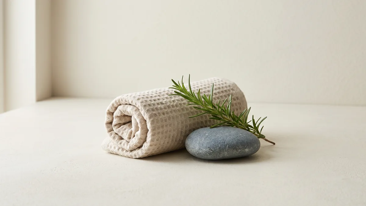 Calm wellness still life with natural elements: linen, ceramics and botanical details.