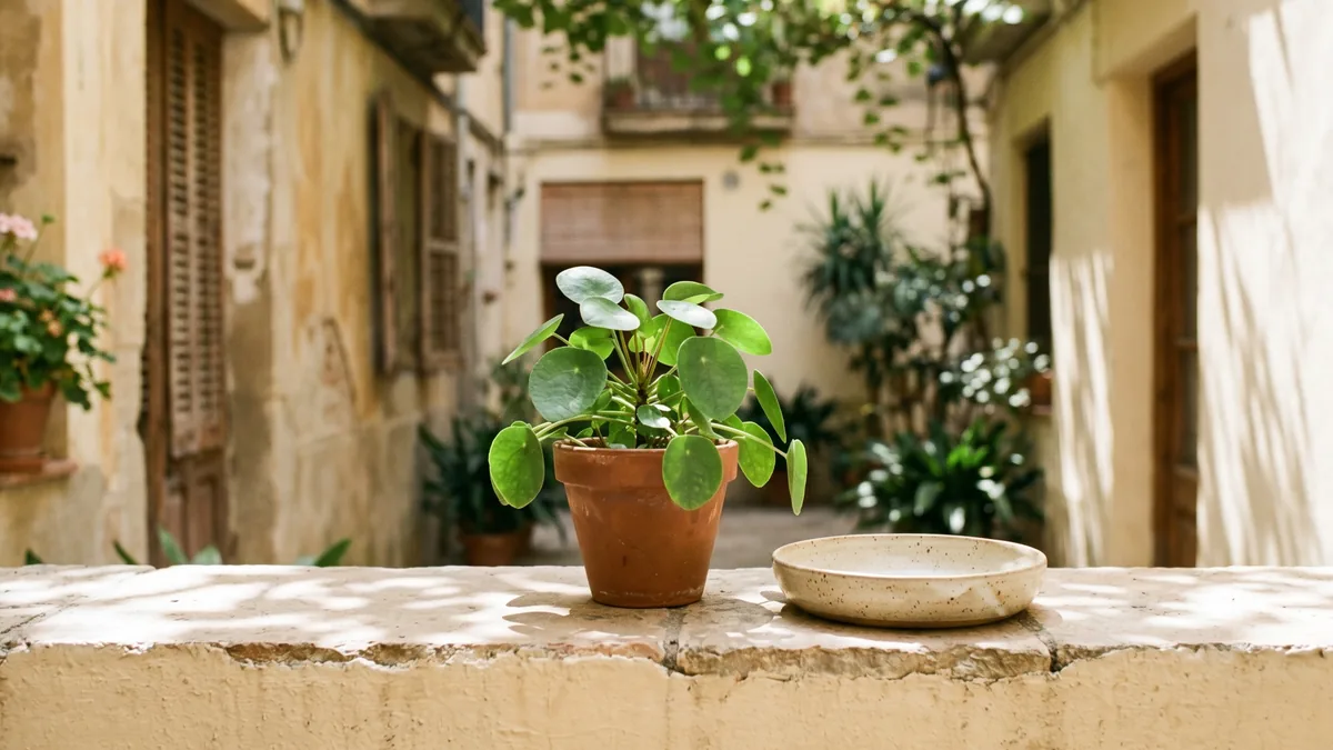 Una planta en test sobre un mur càlid amb llum de pati.