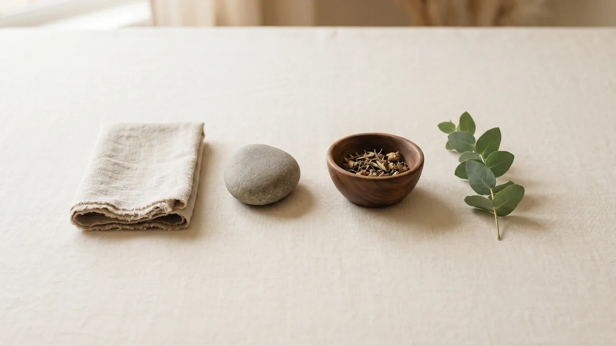 Calm wellness still life with natural elements: linen, ceramics and botanical details.