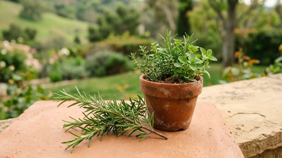 Un test d’herbes aromàtiques i romaní amb un fons verd de turó.