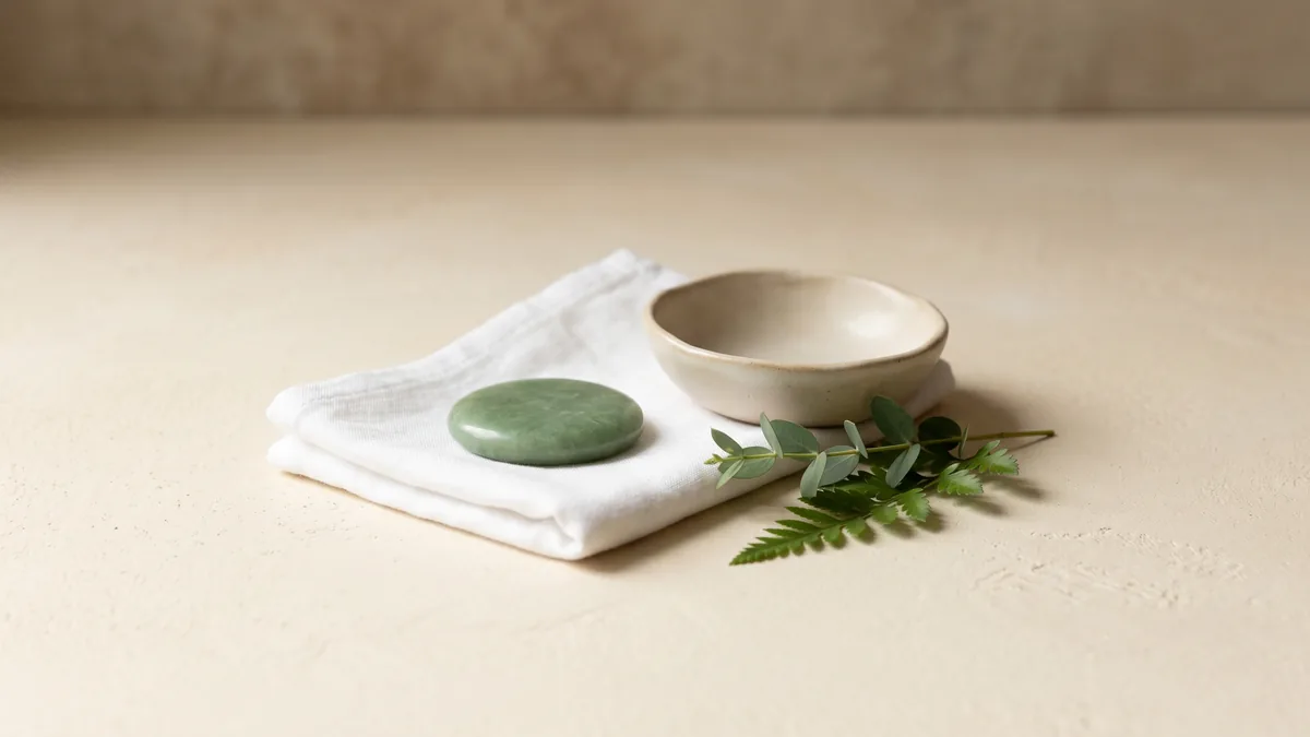 Calm wellness still life with natural elements: linen, ceramics and botanical details.