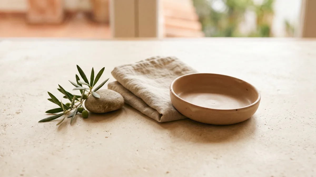 Escena de bienestar tranquila con elementos naturales: lino, cerámica y detalles botánicos.