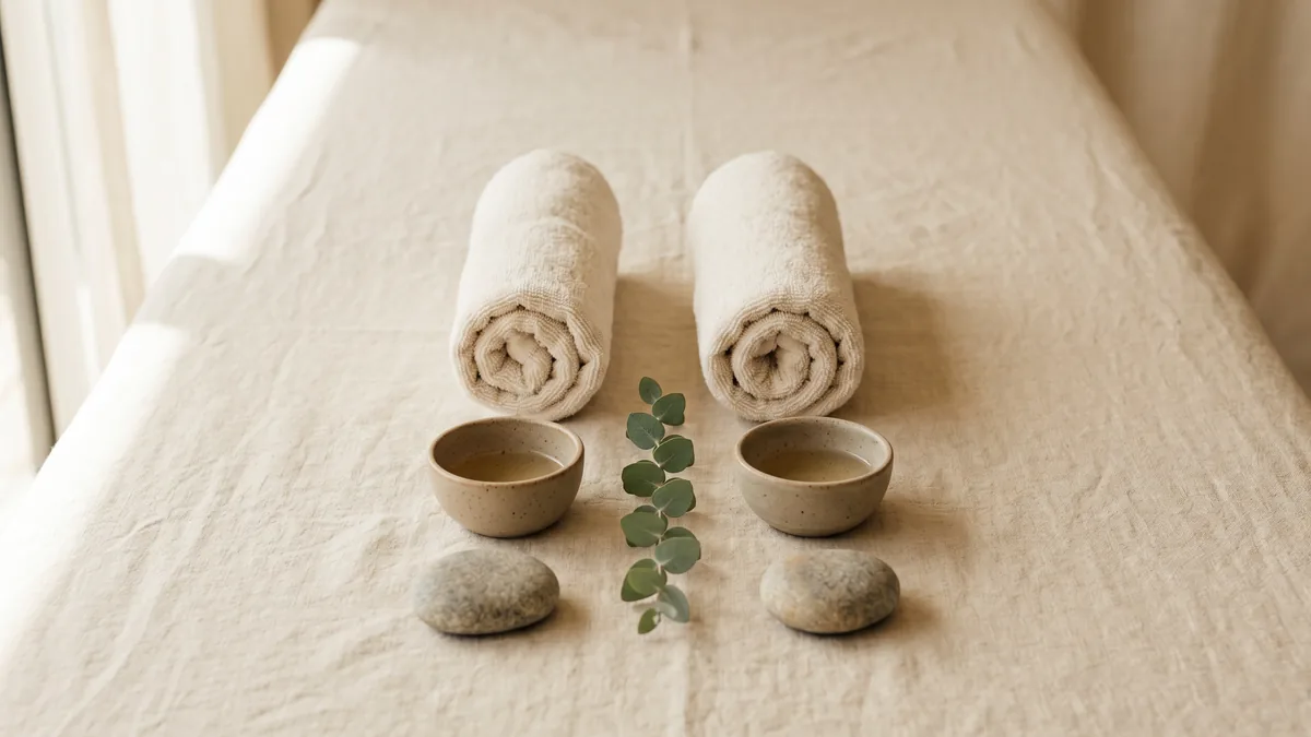 Dues tovalloles enrotllades, dos bols i pedres llises amb eucaliptus.