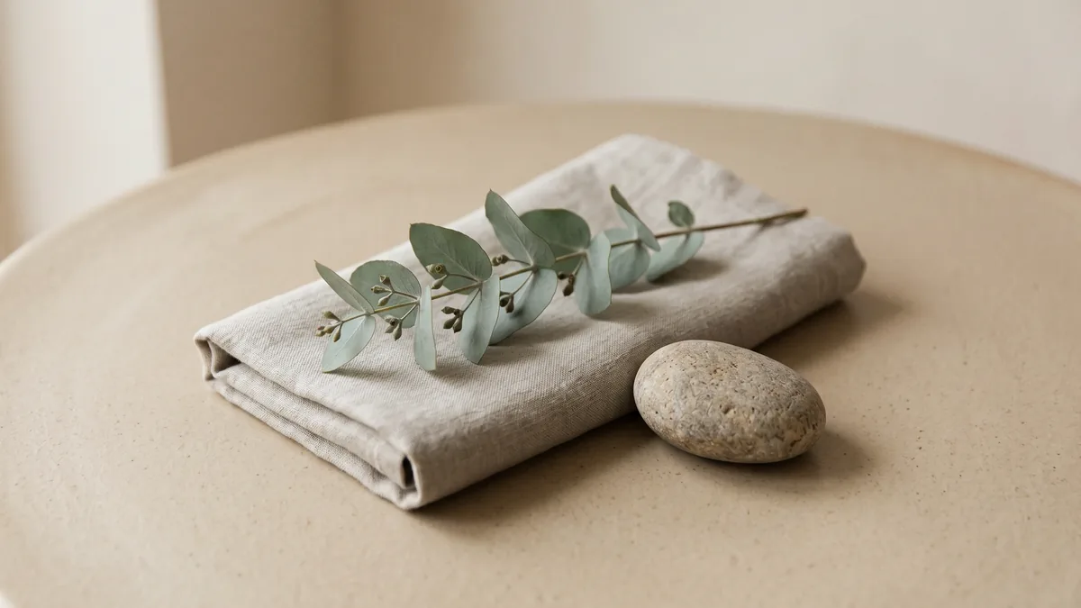 Calm wellness still life with natural elements: linen, ceramics and botanical details.