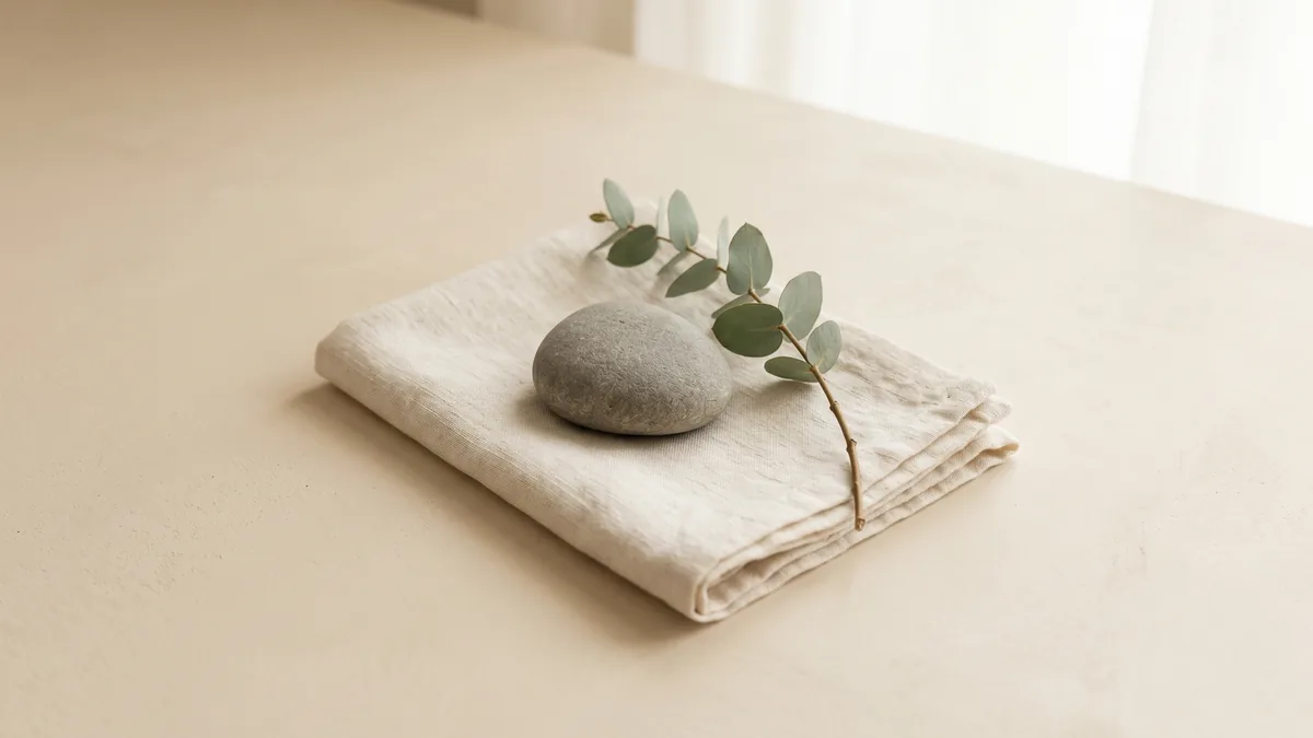 Escena de bienestar tranquila con elementos naturales: lino, cerámica y detalles botánicos.